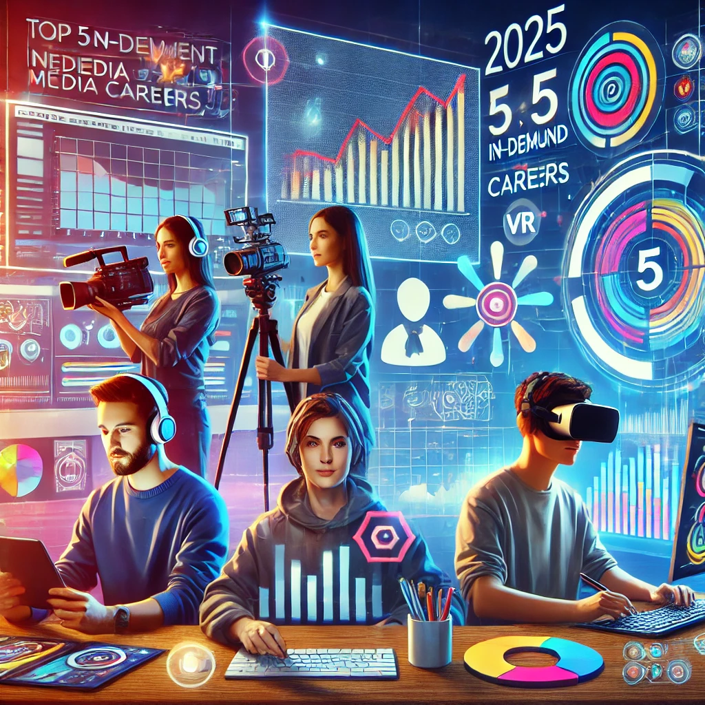 DALL·E 2025-05-13 12.14.51 - A modern and vibrant digital artwork representing the Top 5 In-Demand Media Careers in 2025. The image shows five professionals each representing a di